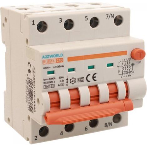 RCBO Interruttore Magnetotermico Differenziale Con Doppia Leva Tipo A Curva C 4P 4M 6000A 30mA, Diagnostica Visiva, C40A  AC 400V IP20 IEC61009-1 PL8M4 4P GB66340