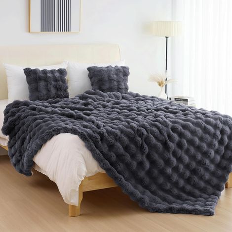 Couverture de canapé en  - Couverture en fausse fourrure de lapin ultra douce et chaude (gris foncé) 100 x 160 cm