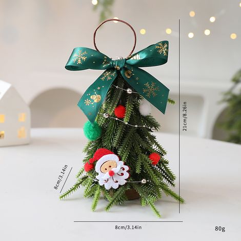 Sapin de table suspendu de Noël 21 cm, ruban vert à flocons, décoration Père‑Noël et pompons