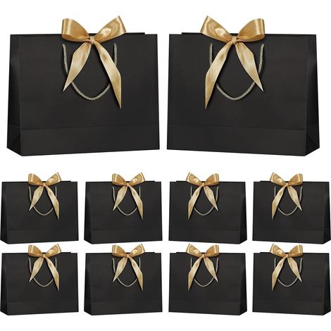 10 Pieces Large Gift Bags with Gold Ribbon, 32CM x 25CM x 11CM Paper Party Bags Gift Packaging Bags with Handle for Birthday Parties, Weddings, Celebrations, Baby Showers (Black) (1/5)