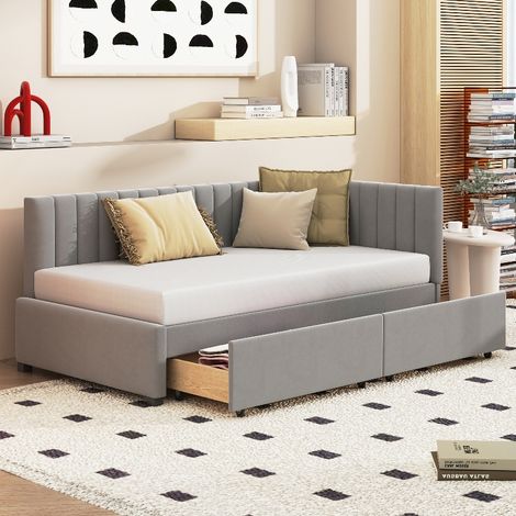 Polsterbett 90x200 mit Stauraum und 2 Schubladen, Multifunktionsbett Schlafsofa aus Samtstoff, Grau, inkl. Lattenrost für Gästezimmer (1/5)