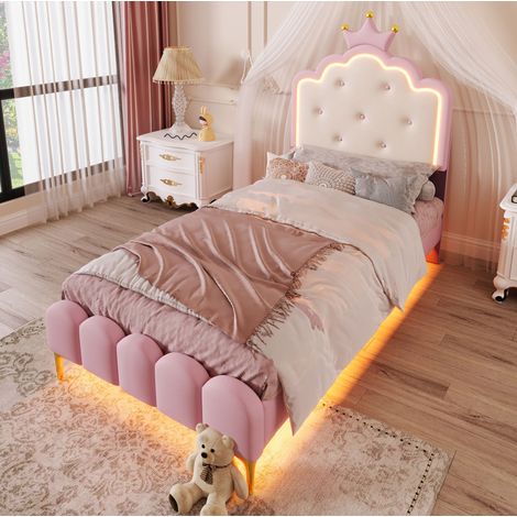 Bett Polsterbett Prinzessin 90x200 cm aus PU rosa mit Lattenrost und LED-Licht (1/5)