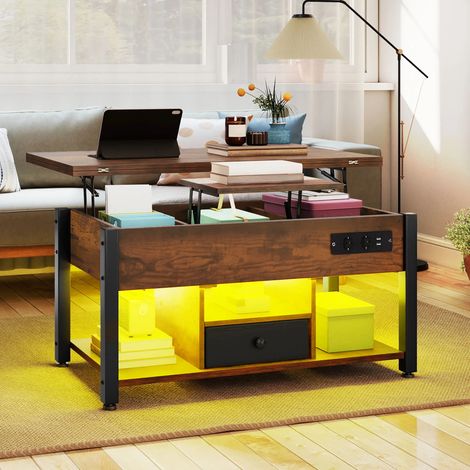 Table Basse 4-en-1 Marron Vintage – Table Convertible à Hauteur Réglable avec Rangement et Éclairage LED (1/5)