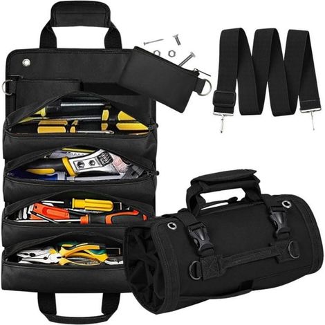 Trousse a Outils,Trousse Outils Enroulable,Sacoche Outil with 2 Removable Pockets,Multi-Purpose Sac With Strap,Idéal pour les électriciens et les Plombiers - Noir (1/5)