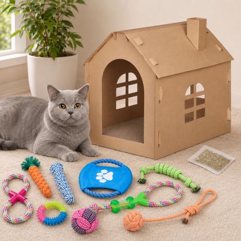 Kit de démarrage pour jeux d'animaux (2 pièces) – Maison-grattoir en carton pour chat et lot de 10 jouets pour chien (1/5)