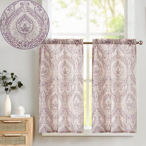 Rideaux Cuisine Court Moderne Imprimé Motif Fleurs 65L X 115H cm, Voilage en Effet Lin Violet sur Beige Translucide à Passe-Tringle, Brise-Bise Décoration Intérieur pour Placard Chambre 2 PCs (1/5)