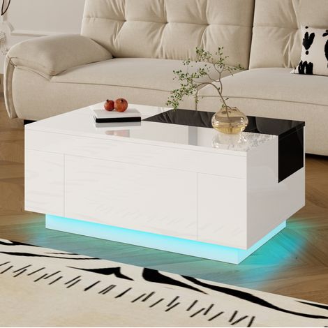Table basse 80x50x35.5 cm noir et blanc en MDF avec LED RGB, plateau extensible et rangement (1/5)