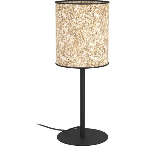 EGLO Tischlampe Butterburn, nachhaltige Nachttischlampe, Tischleuchte aus Metall in Schwarz und Textil mt Birkenblättern, Tisch-Lampe für Wohnzimmer und Schlafzimmer, E27 Fassung