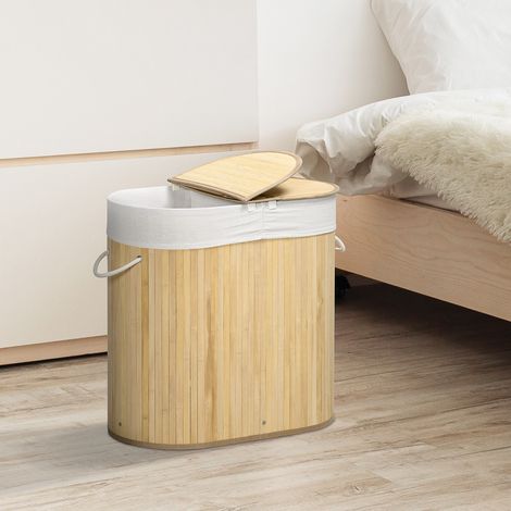 Panier linge bambou 2 sections 100L - rangement linge sale - sac amovible - 62,5x37x60,5 cm - 2 couvercles - blanc bois