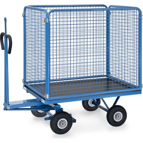 Fetra Handpritschenwagen mit Zugöse, hohen Drahtgitterwänden und Polyurethanbereifung, 1135x795mm Ladefläche 450kg Tragkraft