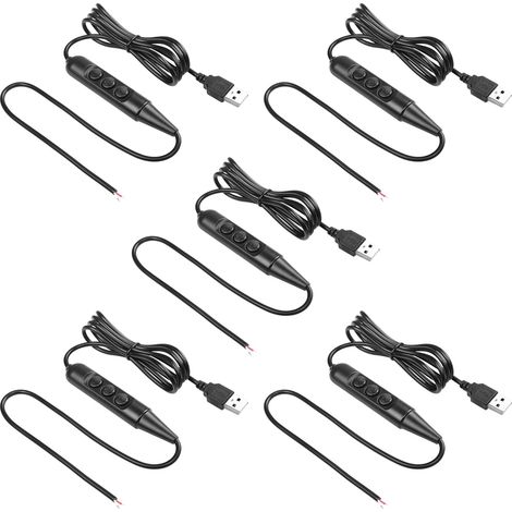 USB mâle avec interrupteur marche/arrêt aux extrémités dénudées 5 pièces USB 2.0 câble d'alimentation pour interrupteur de gradation à 6 vitesses, pour bandes LED petite lampe de table (Black) (1/5)
