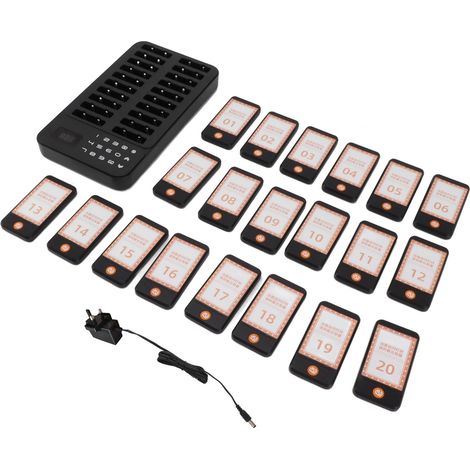 Système d'appel sans fil pour restaurants - 20 récepteurs pagers, 1 clavier, 3 modes d'alerte, 100‑240V, prise UK (1/5)