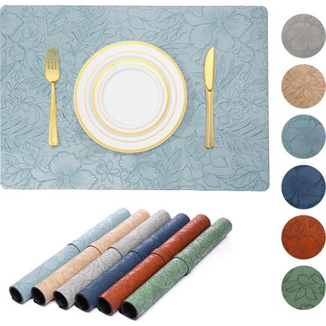 Tischsets aus Kunstleder mit Blumenmuster, 6er-Set, wasserdicht, hitzebeständig, ölbeständig, waschbar, einfach zu verstauen, Geschenk für die Familie, 43,2 x 30,5 cm, Hellblau6