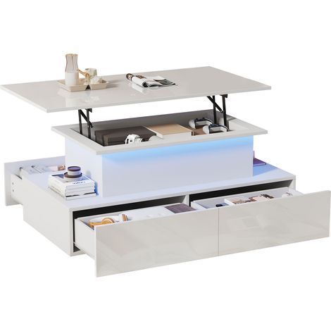Table basse moderne blanche brillante 90x55x41 cm avec LED et 4 tiroirs, charge max 30 kg