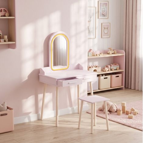 Tocatore per bambini 60 cm 2-in-1 con sgabello, specchio LED 3 colori e 2 cassetti, MDF rosa (1/5)