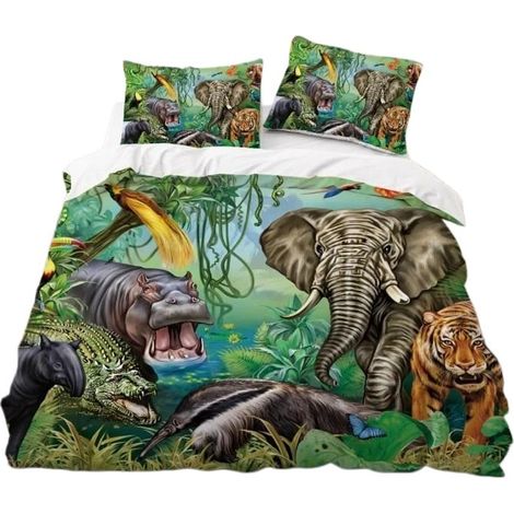 Housse de couette animaux de la jungle 220x240 cm, parure de lit avec fermeture éclair, 2 taies d'oreiller (1/5)