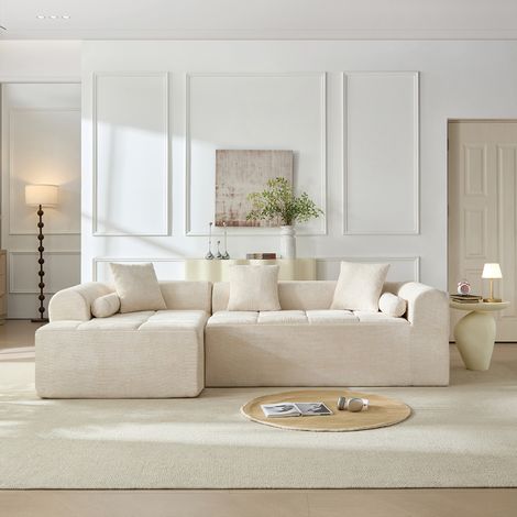 Divano angolare beige in ciniglia 263 cm con chaise longue e tasca portaoggetti OKWISH (1/5)