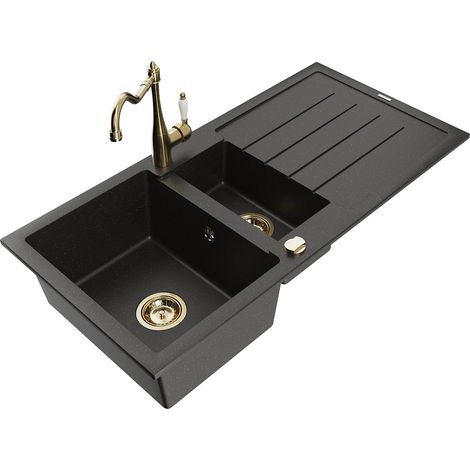 Mexen Andres fregadero de granito de 1,5 senos con escurridor y grifo de cocina Carla, negro/oro metálico - 6515-75-670700-50 (1/5)