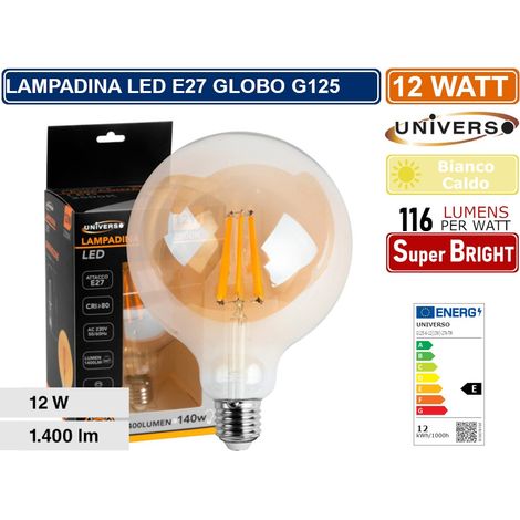 LAMPADINA LED GLOBO G125 A FILAMENTO VINTAGE 12W E27 VETRO AMBRATO LUCE CALDA 2600K (1/5)