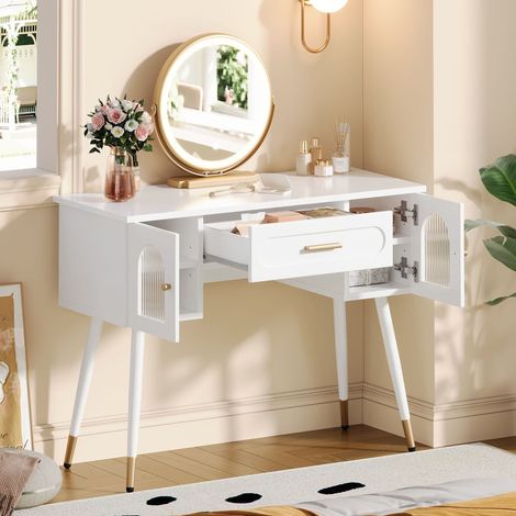 Coiffeuse avec miroir LED – 1 tiroir + 2 portes de rangement – Étagères réglables – Style scandinave blanc et doré – 100×42×112 cm – Blanc (1/5)