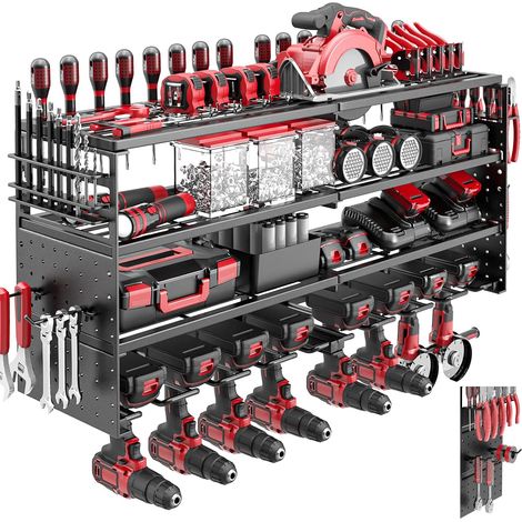 Organisateur mural outils électriques,support tournevis latéral 4 étagères, 8 porte-perceuses, charge de 155 kg, crochets réglables, noir, étagère porte-outils pour garage ou atelier (1/5)