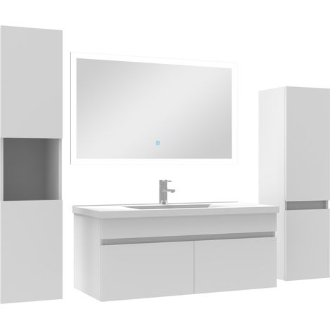 Ensemble meuble vasque 100cm + colonne de rangement + miroir lumineux Blanc