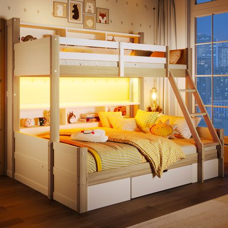 Lit Superposé Enfant 90x200 + 140x200 cm Bois Massif - Éclairage LED, Barrière Antichute, Rangements Ouverts, Tiroir - Blanc Naturel