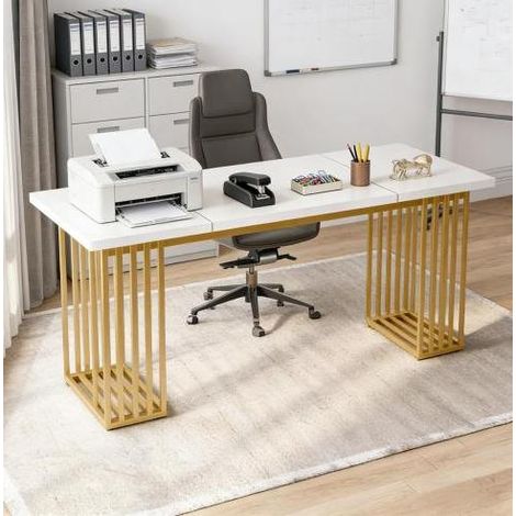Scrivania executive 180 x 79 x 78 cm in metallo e legno bianco e dorato DESVIAE (1/5)