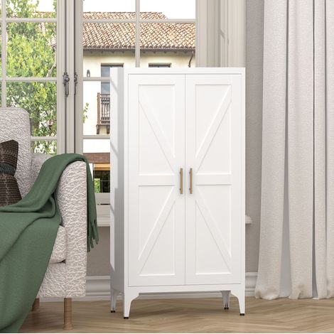 Armadio dispensa 117x37x15.5 cm, 2 ante, 3 ripiani regolabili, piedi regolabili, metallo bianco (1/5)