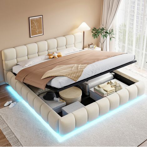 Lit adulte rangement 180x200 velours beige avec LED hydraulique HAVRYA (1/5)