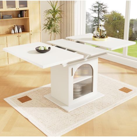 Tavolo da pranzo allungabile 110/140 x 80 cm in bianco con spazio contenitore e ante in vetro (1/5)