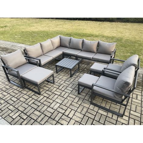 Fimous 12 Seater Outdoor Lounge Corner Sofa Set Aluminum Garden Furniture Sets with Square Coffee Table 3 Chairs 3 Footstools Dark Grey (1/5)