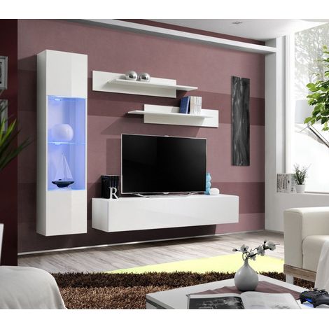 Ensemble meuble TV mural  - Fly III - 210 cm x 190 cm x 40 cm - Blanc - Livraison gratuite