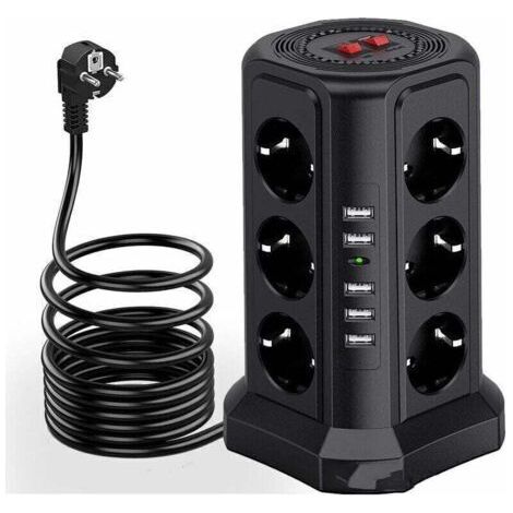 Tour multiprise parafoudre et surtension, Multiprise Electrique avec 5 Ports USB et 12 Prises, multiprise avec et 3 Interrupteurs, Noir (1/4)
