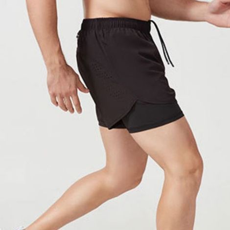 Short de sport homme effet deux pièces, double épaisseur, protection optimale, avec poche zippée, séchage rapide, noir, taille XL. (1/5)
