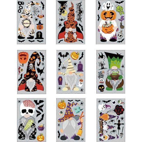 Bögen Halloween-Fensteraufkleber mit Gnomen, Kürbissen, Fledermäusen und Geistern (1/5)
