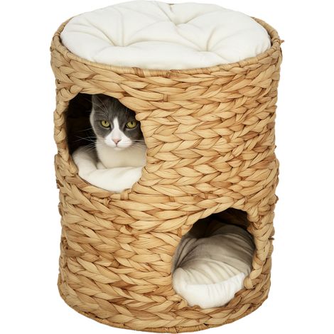 Kratztonne Katzenbaum mit 2 Verstecken und Kissen, 50 cm, aus Wasserhyazinthe, hellbraun