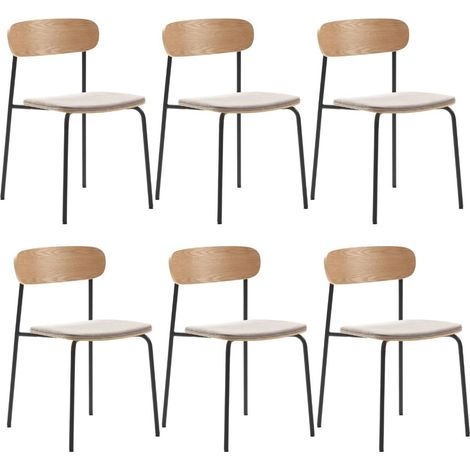 Lot de 6 chaises dossier bois assise tissu taupe et pieds métal noir - RIDILA (1/5)