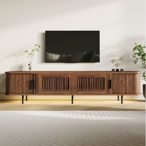 Meuble TV bas arrondi 180 cm, tiroirs à grille, portes coulissantes, LED App, noyer (1/5)