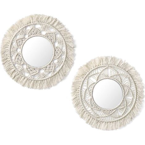 Miroir mural suspendu avec franges en macramé, lot de 2 petits miroirs ronds décoratifs de style bohème antique pour appartement, salon, chambre, chambre de bébé, magnifique cadeau. (1/4)