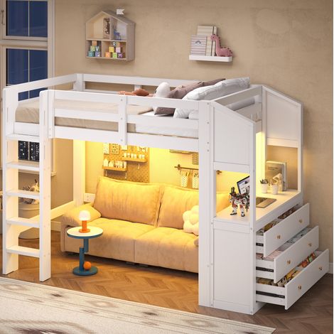 Letto a soppalco 90/200 cm bianco con LED, 3 cassetti e scaffali (1/5)