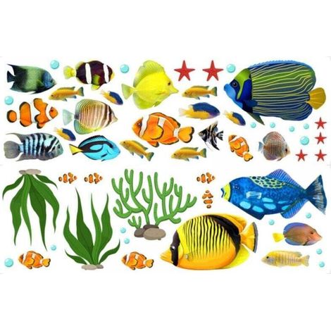 Un set di adesivi murali con pesci tropicali, decalcomanie rimovibili per soggiorno, bagno e cameretta dei bambini -Crezuo