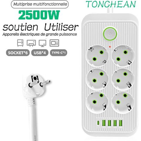 TONCHEAN Multiprise Electrique,Bloc 6 Prises 2500W 10A 230V avec 4 Ports Chargeur (4 USB A+1 USB C) Prise Multi Parasurtenseur Parafoudre et Surtension avec Interrupteur Cable 2m-Blanc (1/4)