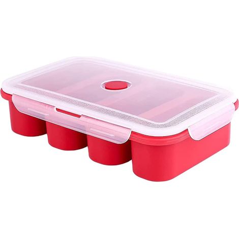 Silicone Soup Cube Tray, Reusable Square Silicone Ice Cube Mold, Freezer Container Molds with Lid 4 Red Meal Sauce Cubes (1/5)