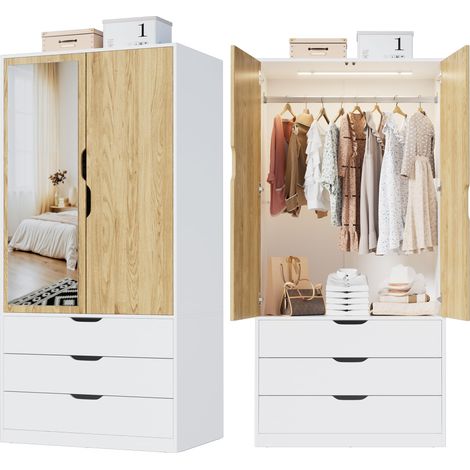 Armoire Chambre Penderie avec 2 Portes, Armoire Dressing Blanc avec Miroir, LED et 3 Tiroirs, Armoires de Rangement Bois pour Adulte Enfant, Garde-Robe Moderne 80 x 180 x 50 cm (L/H/P) (1/5)