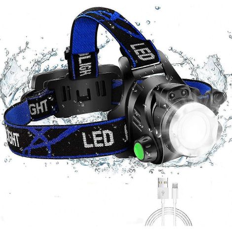 Lampe frontale LED pour casque de chantier, rechargeable par USB, étanche IPX4, zoomable, 4 modes, bandeau réglable (1/5)