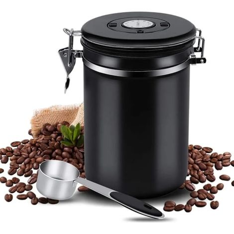Bocal à café hermétique en acier inoxydable, récipient de conservation pour grains de café, 1,5 L, avec cuillère et valve de décharge, noir (1/5)