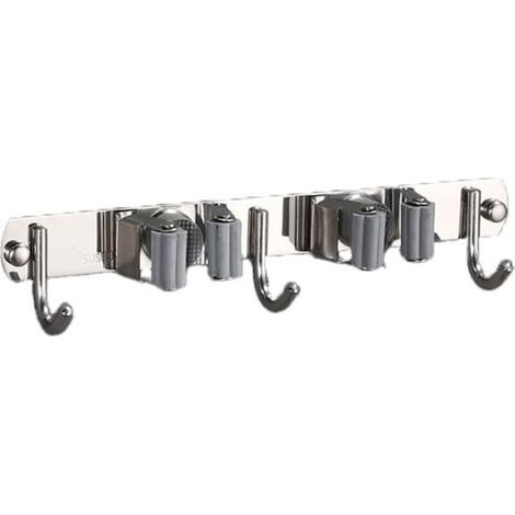 Wandmontierter Besenhalter aus Edelstahl mit 2 Halterungen und 3 Haken, Wandorganizer für Besen und Wischmopps, für Küche, Bad, Garten, Garage (1/5)
