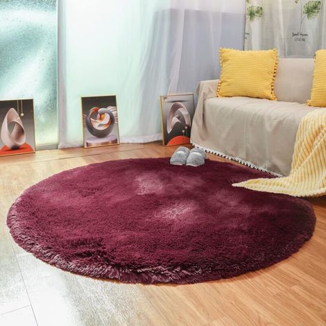 Tapis de Salon Moderne, Tapis de Chambre Rond Super Doux Moelleux Velours Tapis d'intérieur Moelleux Doux Cheveux Longs Coussin de Chaise décoratif Coussin de canapé (vin Rouge, 140x140cm)-Ensoleillé