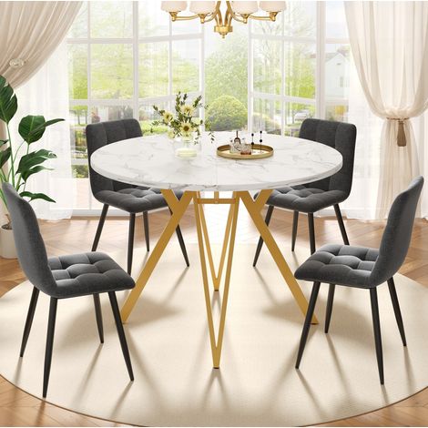 Set tavolo da pranzo rotondo 100 cm con 4 sedie in lino grigio, gambe in metallo dorato DESVIAE (1/5)
